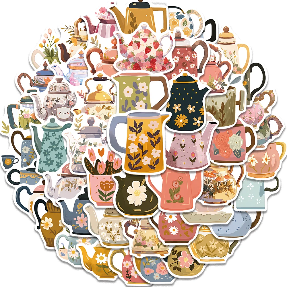 50pcs Cartoon Cute Flower Teapot Stickers for Envelope Computer Diary Suitecase Guitar iPad Graffiti Aesthetic Waterproof Decal