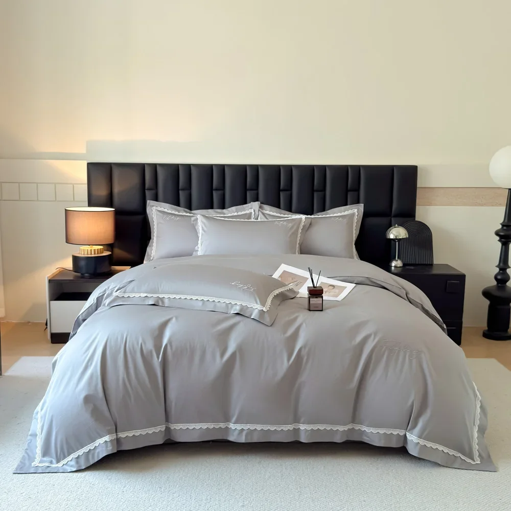 European Luxury 100% Cotton Duvet Cover Set Letter Embroidered Queen King Bedding Set Smooth Satin Quilt Cover Sheet Pillowcases