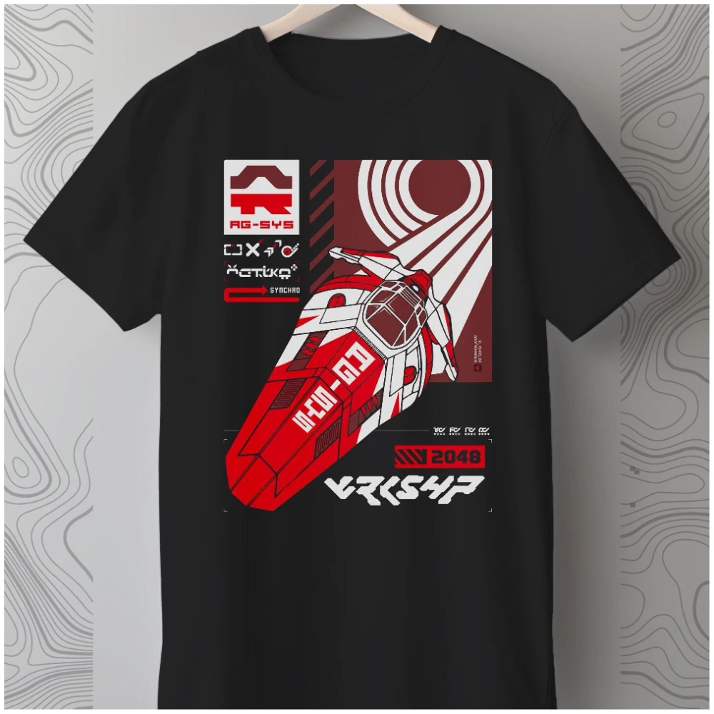Camiseta de hombre Wipeout Sci-fi Game, estilo cyberpunk, tecnología futurista, naves espaciales y patrones geométricos, 100% algodón, corte holgado.