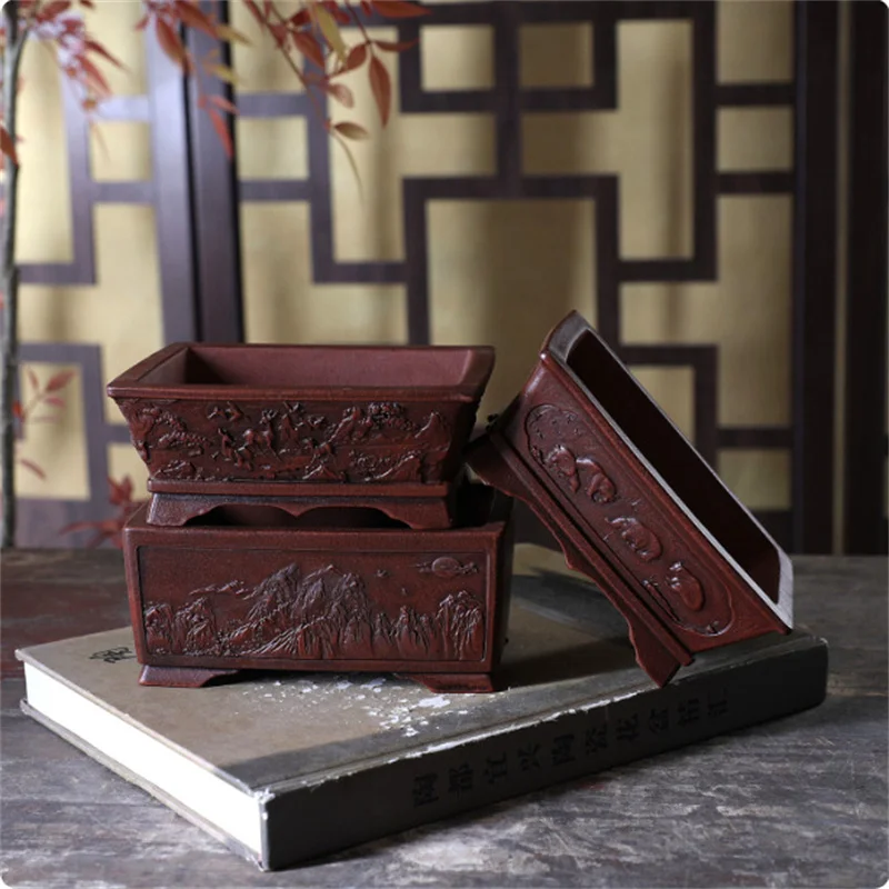 Purple Sand Rectangle Bonsai Pot, Chinese Carved,Garden Decoration,Red Amber Color,Aged