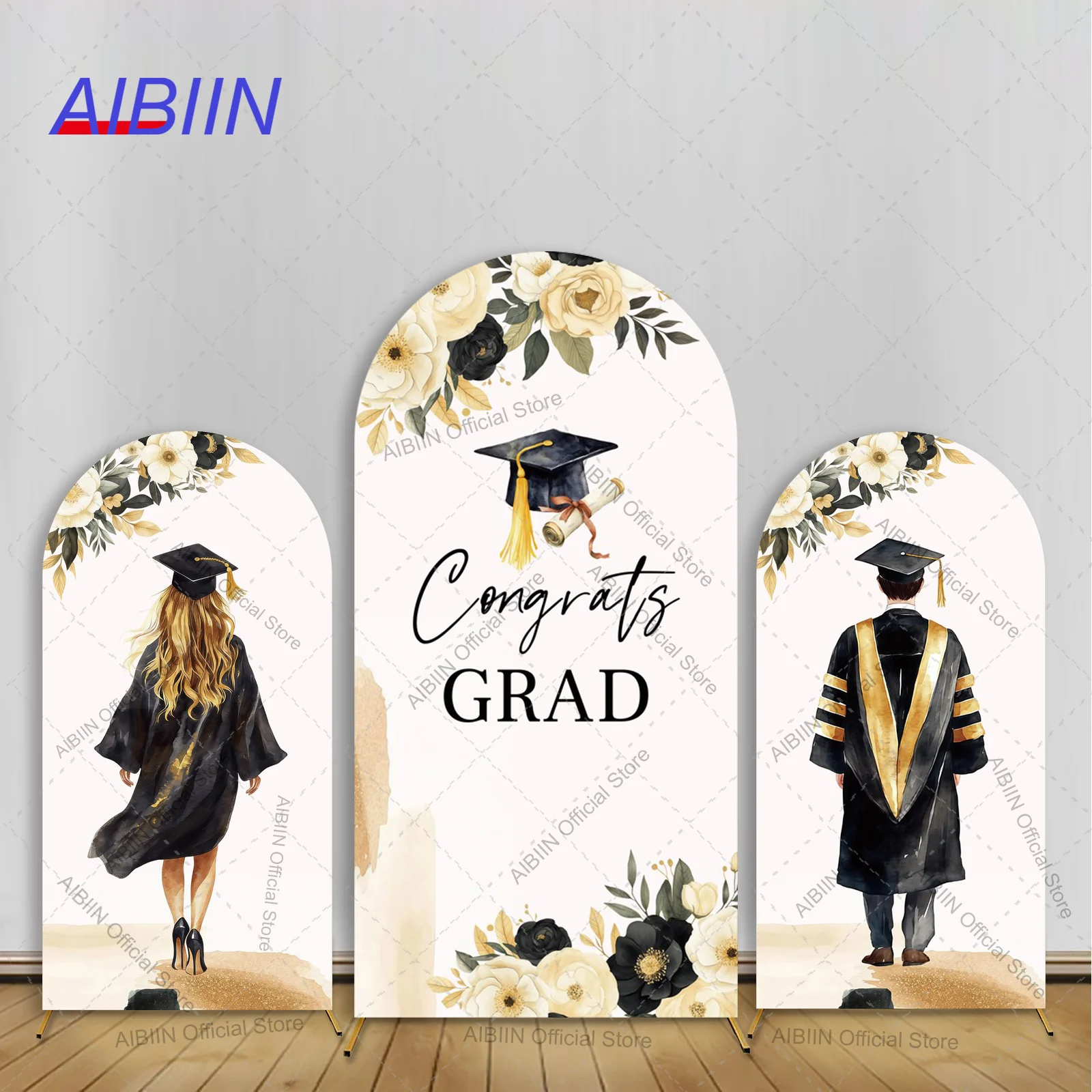Capa de Fundo para Cenário de Formatura com Tema Floral Bege, Chapéu de Formatura e Diploma, para Formandos (Menina ou Menino), Decoração para Festa de Formatura e Fundo para Fotos