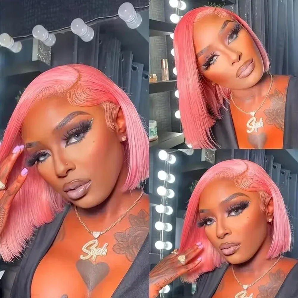 

Cospaly 13x4 Lace Frontal Wigs BrazilianFor Women Pink 100% Human Hair Wigs Straight Colored Short Bob Wig Ready To Wear HD Wig