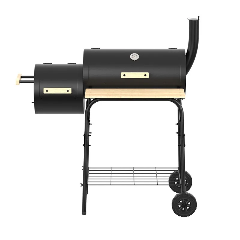 Train Style Offset Charcoal Smoker Grill Dual Chamber BBQ Grill with Wheels Side Table Outdoor