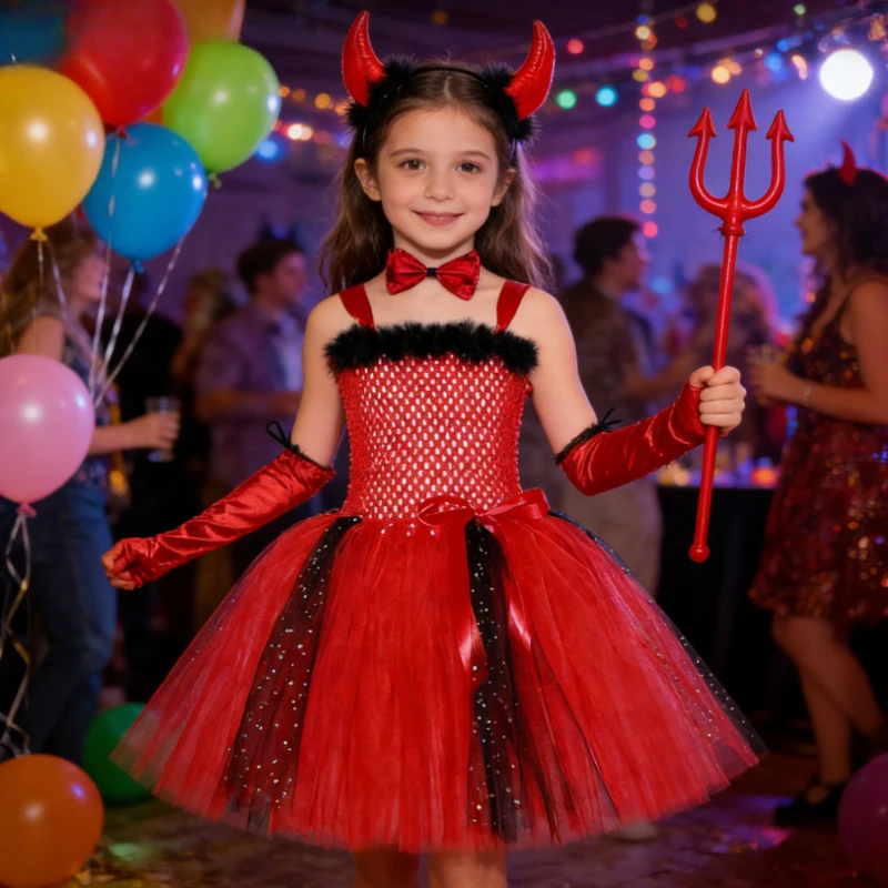 

Devil Costume for Girls Halloween Red Demon Tutu Dress Glitter Toddler Kids Carnival Party Dress Up Clothes Wings Horns Outfit