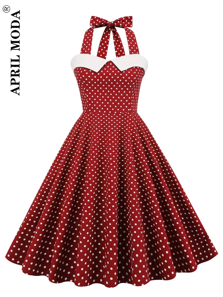 Women Red Polka Dot Party Halter Dress Vintage 50s Rockabilly Hepburn Elegant Strapless Swing Retro Short Midi Tunic Pinup Dress