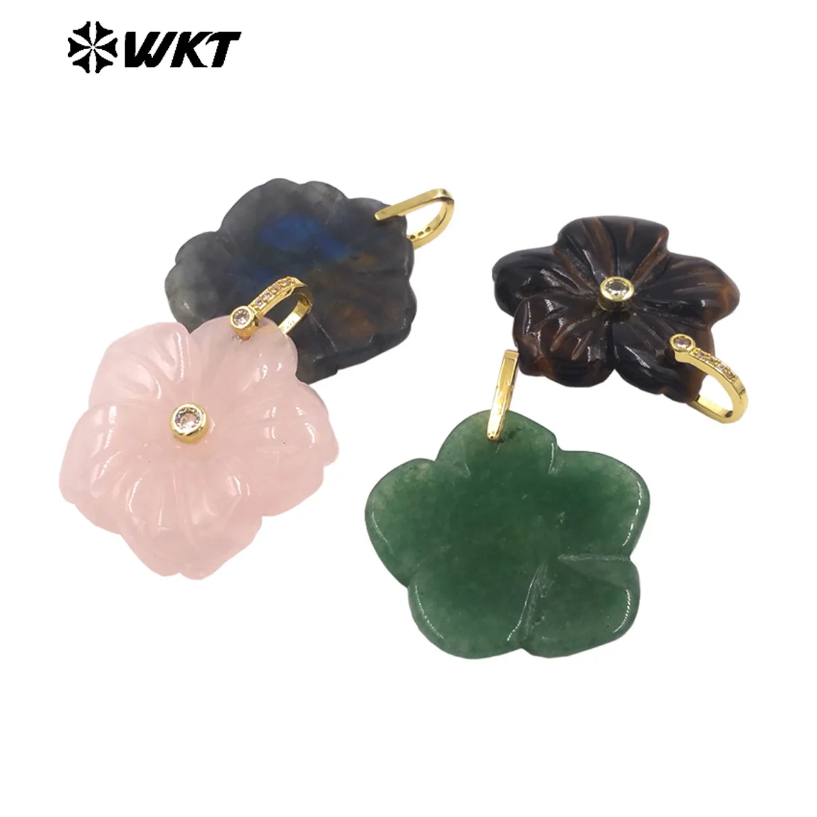 WT-P2029 Vividly Flower Shape Charms Colorful Gemstone Crystal Labradorite Stone With Zircon Paved Fine Pendant