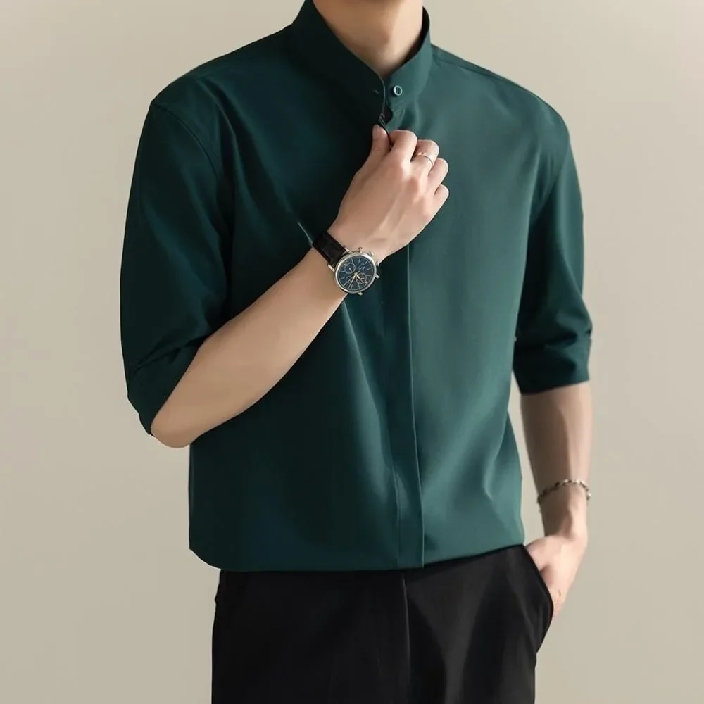 LIBIELIY Summer New Men's Light Mature Wind Shirt Men's Korean Version Slim-fit Non-ironing Ice Silk Five-and-a-half-minute Slee