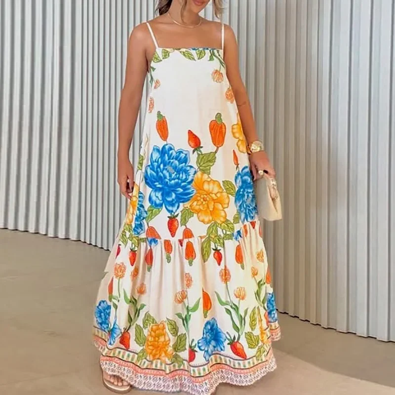 

LIBIELIY Sexy Off Shoulder Holiday Suspenders Dress Elegant Flower Print Big Swing Long Dress Women Fashion Hight Waist Pleat P