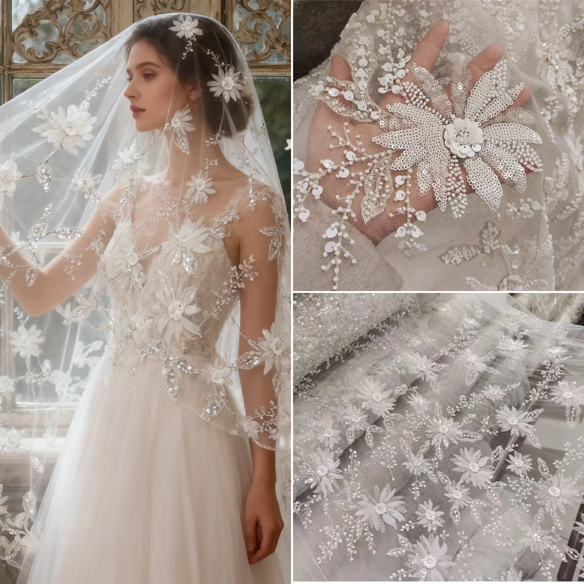 

Luxury sequins nail beads embroidered fabric sewn wedding dresses evening gowns children's clothing qipao diy fabric