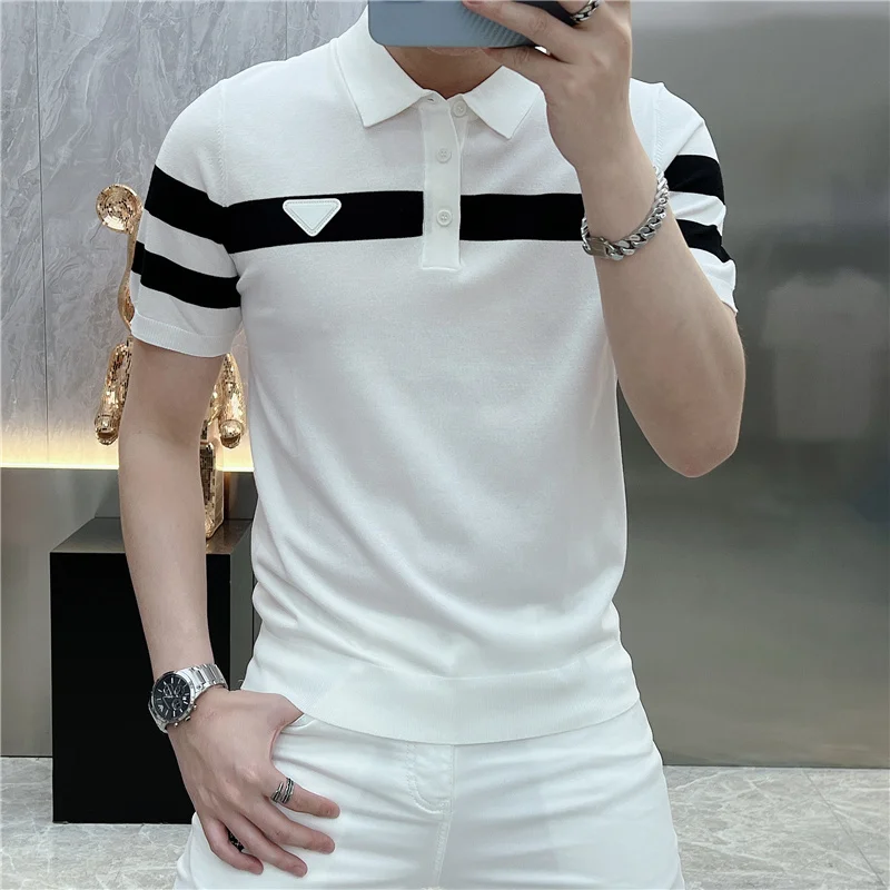 2023 Summer Contrast Stitching Polo Shirt Office Business  Polo Para Hombre Slim Shirt Trendy Pocket Breathable Polo Shirt Men