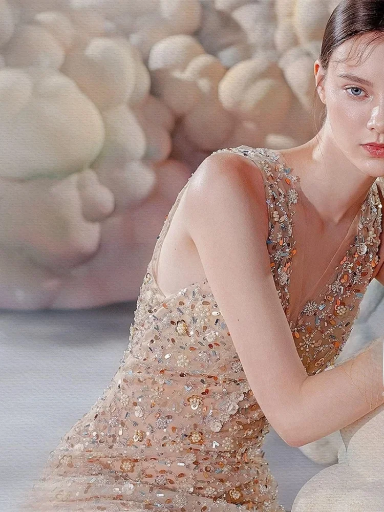 

Роскошное вечернее платье Ele с индивидуальной вышивкой пайетками, приталенное, премиум-класса, элегантное, золотистого цвета, длинное