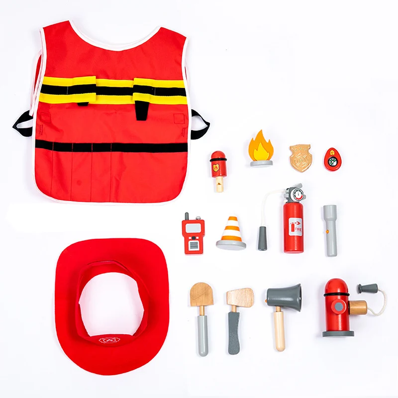 New Wood Fireman Kits Boy Infant Toys Role Play Games Pretend To Play House Game Tools Montessori Educational Toys For Children