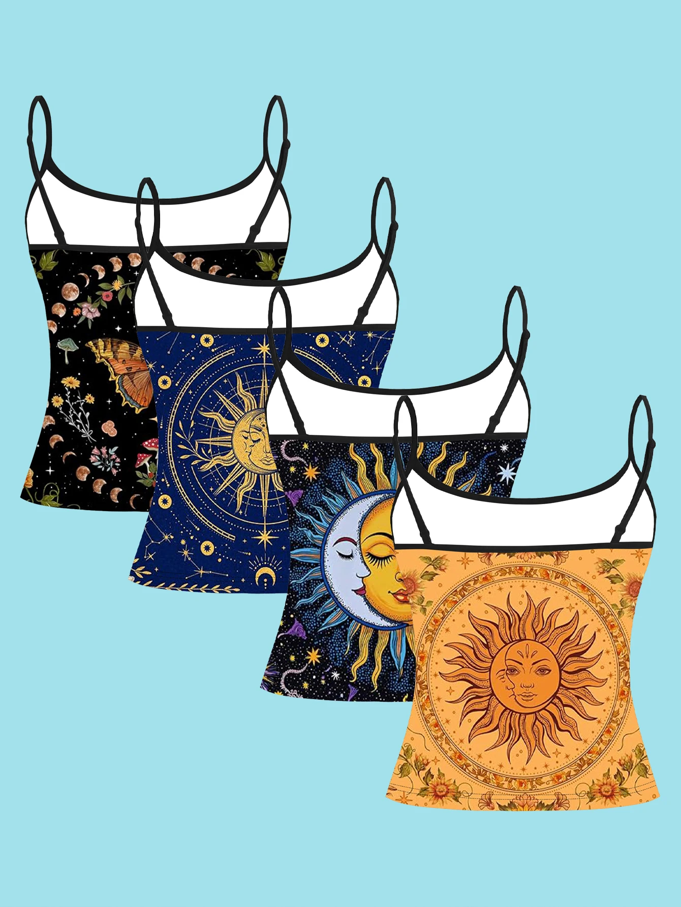 4-Piece Set of Women's Spaghetti Strap Camisoles, Vintage Star-Moon-Sun Astrology Tarot Style All-Over Print Slim-Fit Sleeveless Tops, Bohemian Outerwear and Innerwear Base Layer Shirts