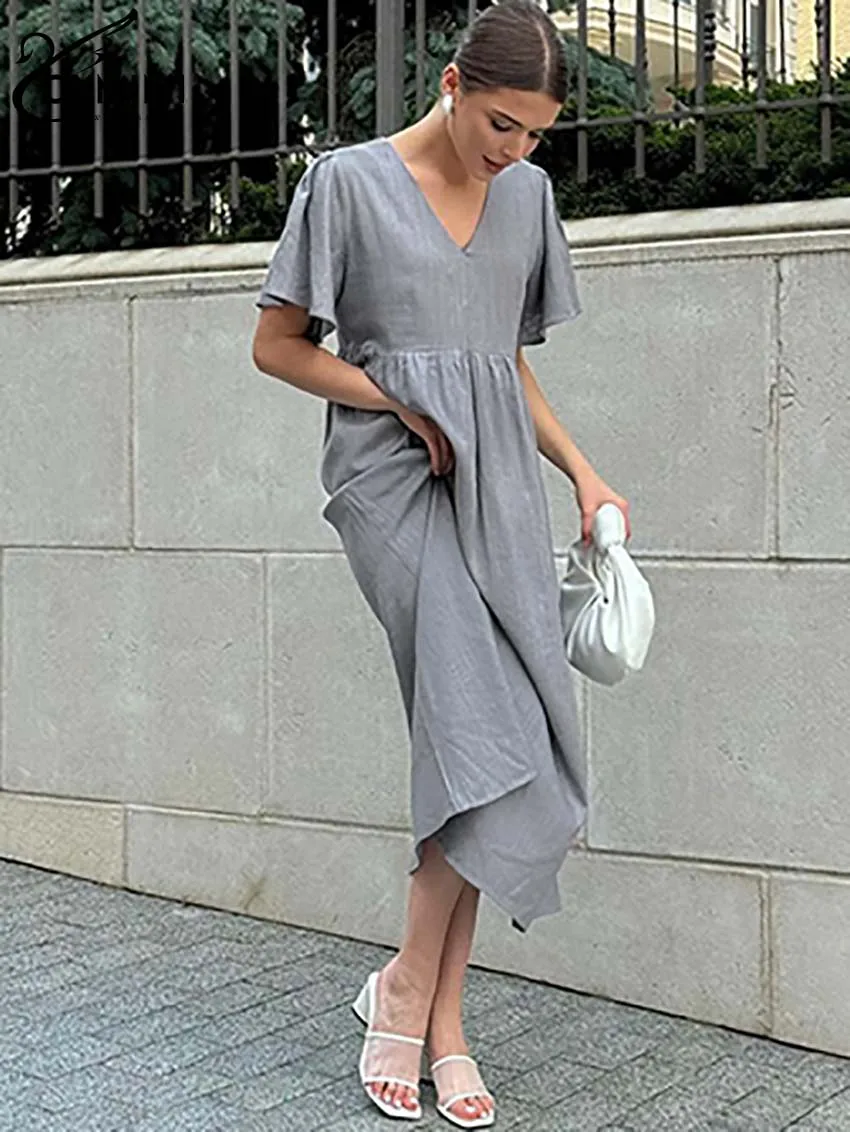 

Oymimi Fashion Grey Cotton Womens Dresses Elegant V-Neck Short Sleeve Dresses Casual High Waist Straight Mid-Calf Dress Female