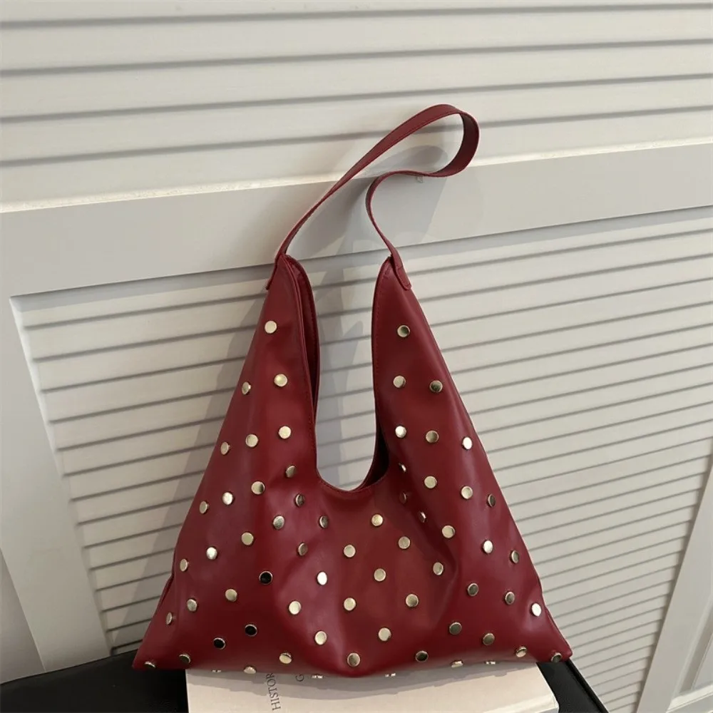 

Large Capacity Rivet Shoulder Bag Magnetic Button Metal Stud PU Leather Armpit Bag Soft Lightweight Underarm Bucket Handbag