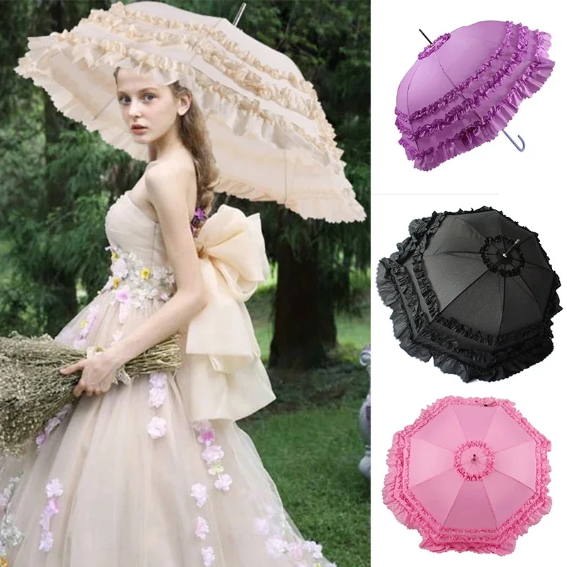 Cute Princess Lace Umbrella Long Handle Pagoda Parasol Gothic Lolita Marriage Large Umbrella Semi-automatic Wedding Umbrellas