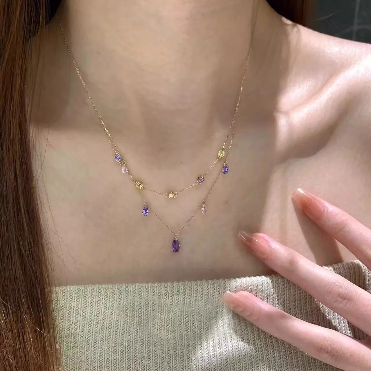 S925 Sterling Silber Halskette mit Amethyst und Zirkon-Anhänger in Tropfenform, Doppellagige Einfache Schlüsselbeinkette für Damen – Detail 8