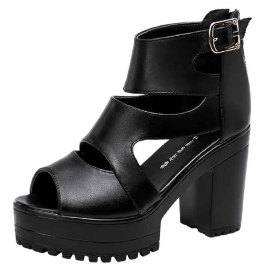 

Women'S Gothic Hollow Out High Top Chunky Heel Sandals Summer Breathable Fish Mouth Pointed Toe Adjustable Ankle Strap Anti-Sli