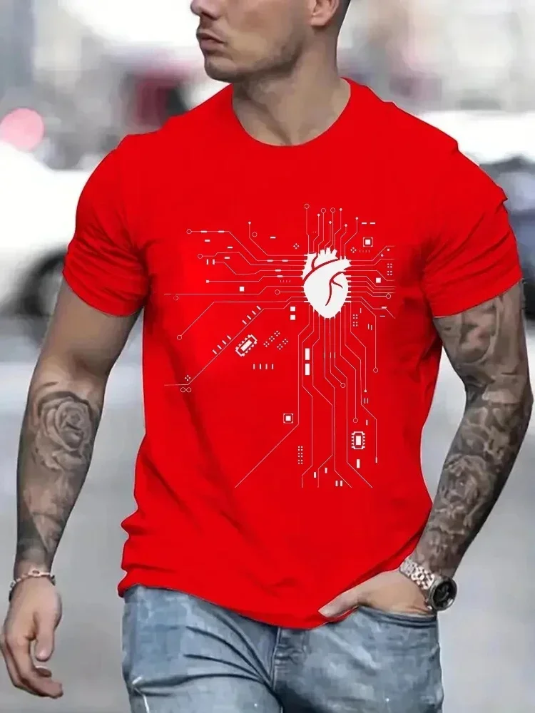 Trendy Men's Heartbeat ECG Line Graphic T Shirt 3D Printed Crew Neck Short Sleeve Summer Casual Tee Tops Men Streetwear