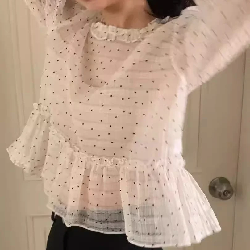 レディース シャツ 春秋 東大門 新スタイル 多用途 優しい シースルー 水玉模様 レーストリム トップス バブルスリーブ 薄手