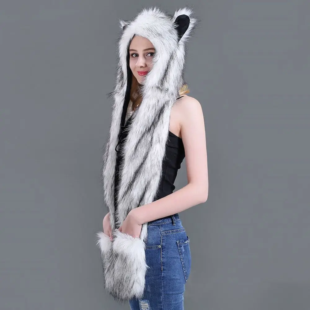 Chapéu para as orelhas animal quente para homens e mulheres, gorro de pelúcia 3 em 1, tampão macio com cachecol e luvas, inverno