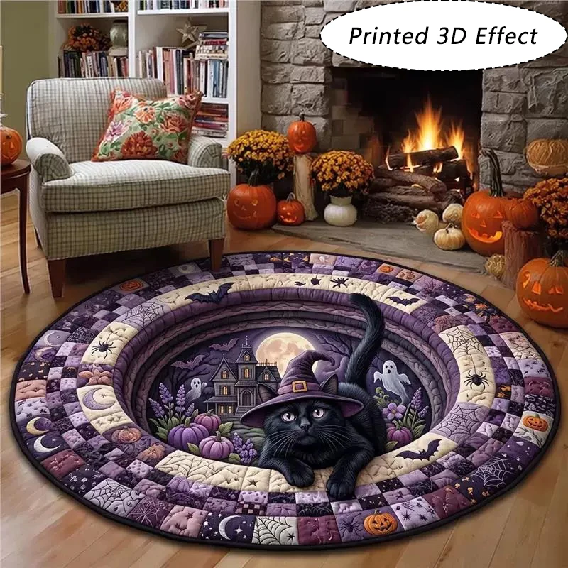 Halloween Round Room Mat Ghost Black Cat 3D Optical Illusion Rug Home Decorate Printed Mats Living Room Carpet Door Rugs Tapete