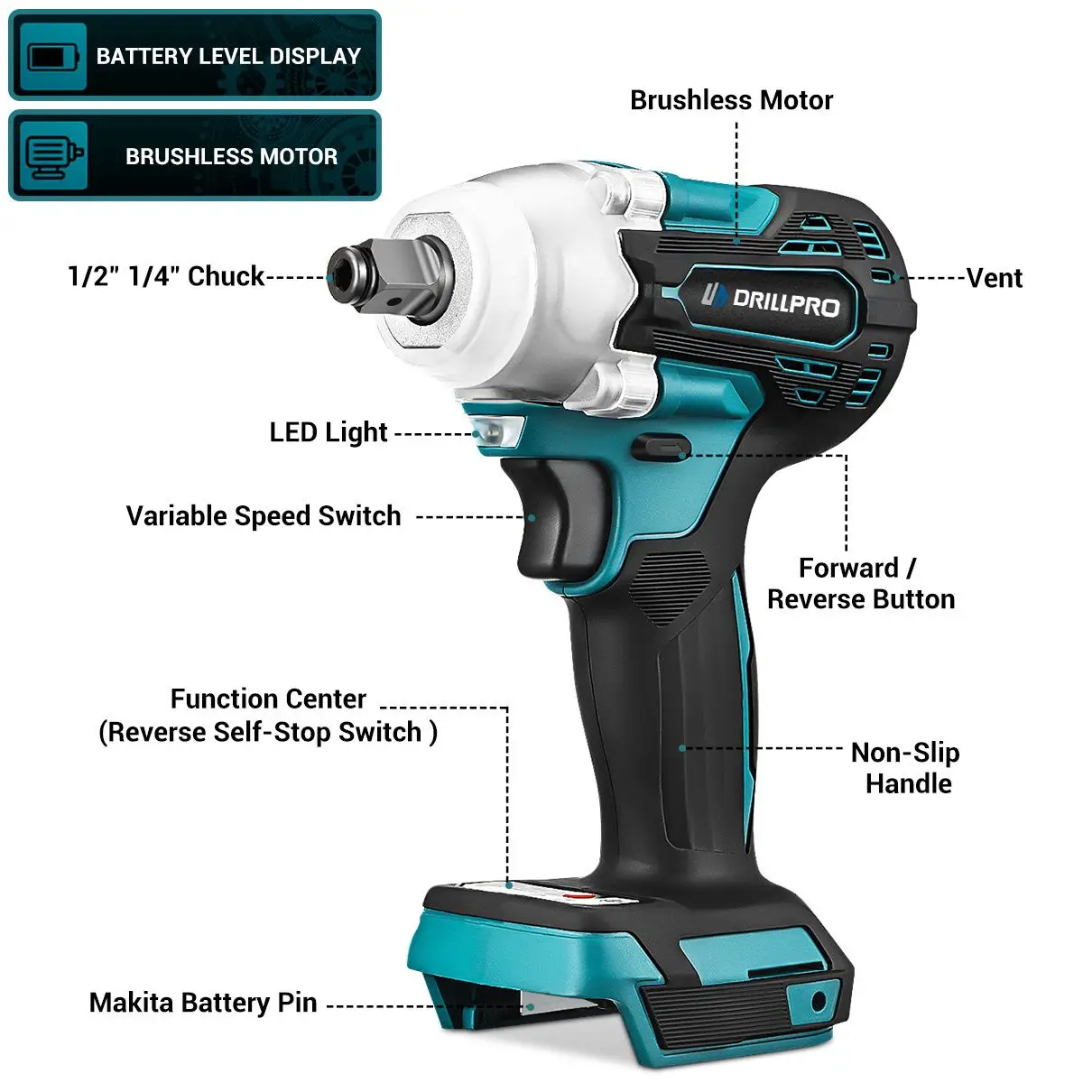 Drillpro 588N.m Cordless Brushless Impact Wrench 1/2\