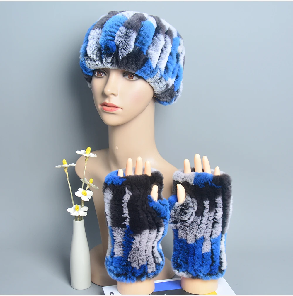 One Set Women Real Rex Rabbit Fur Cuff+Headband Winter Warmer Hat Arm Wrist Sleeve Gloves Female Real Fur Cap+Elastic Wristband
