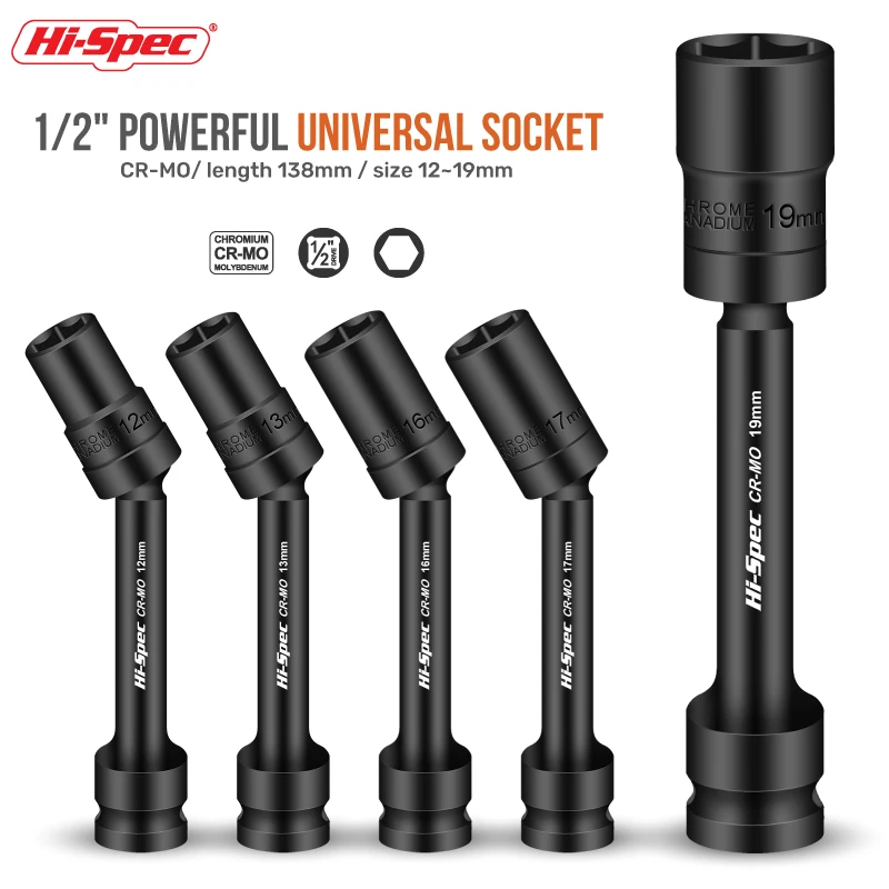 Hi-Spec Swivel Socket Set - Impact Grade, Universal Joint, Cr-Mo Steel, 1/2-Inch Drive