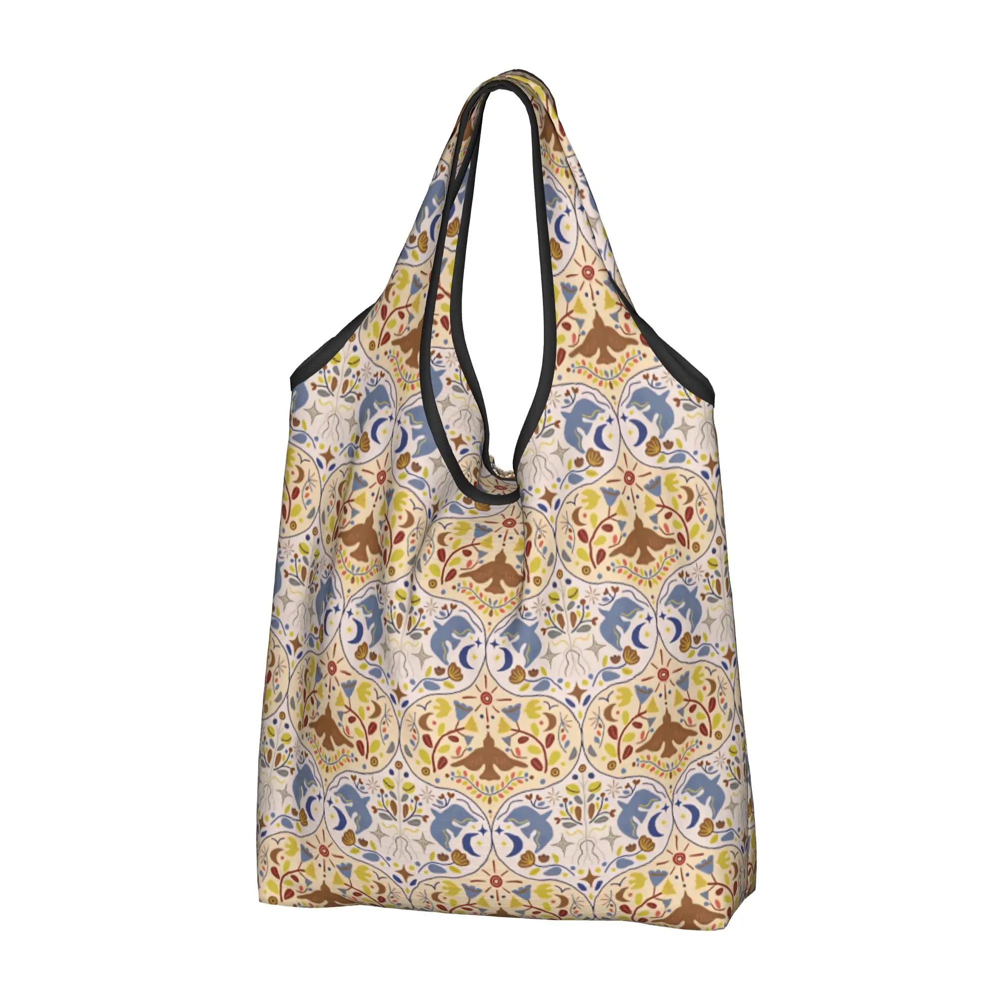 Fashion Nordic Style Flying Bird Botanical Floral Shopping Tote Bags Scandinavian Folk Art pattern  Shopper Shoulder Bag