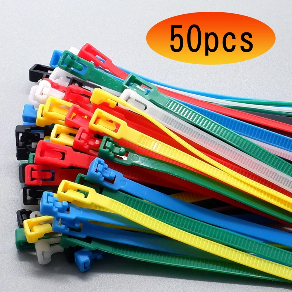 50pcs Plastic Reusable Cable Zip Ties Releasable Nylon Fixed Binding Color Black And White Disassembly Reuse May Loose Slipknot