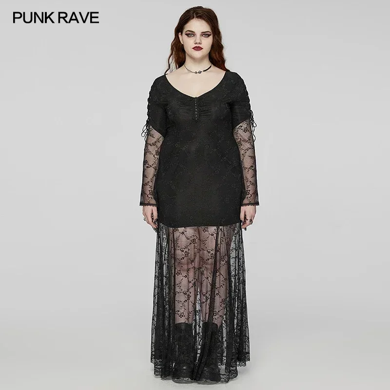 

PUNK RAVE Gothic Goddess Knitted Upper Arm Slit Design Optimizes Lace Dress Adjustment Drawstring Party Club Black Long Dresses