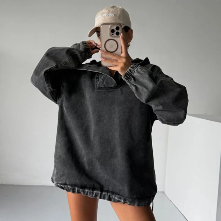 Women's Fashionable Denim Hooded Jacket Button-Up Sweatshirt Sporty Top Long Sleeve Street Style Pure Color Winter Wear