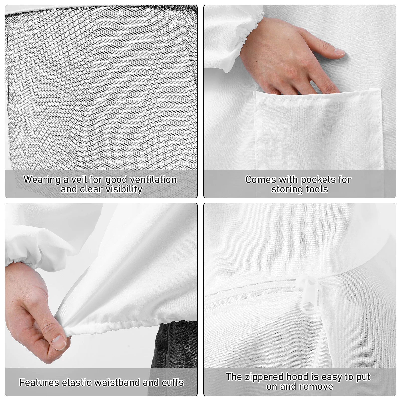 

1Set Bee Suit Professional Protective Thick Fabric Ventilated Jacket Zipper Hood Elastic Fit Long Sleeve Gloves