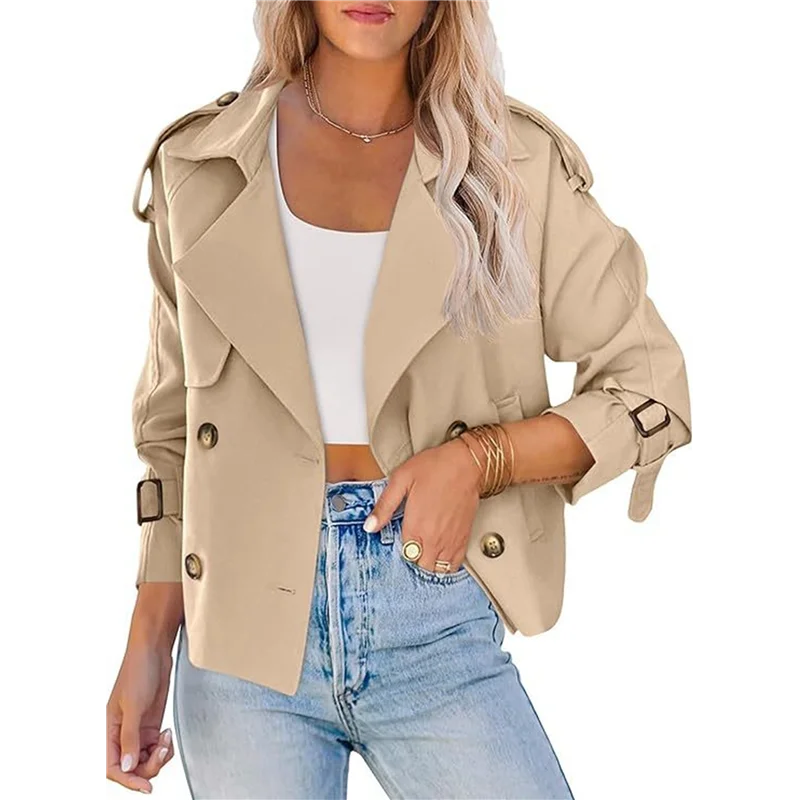 

ABRB-Женские двубортные плащи с длинными рукавами и зубчатыми лацканами, повседневные свободные укороченные плащи с карманами