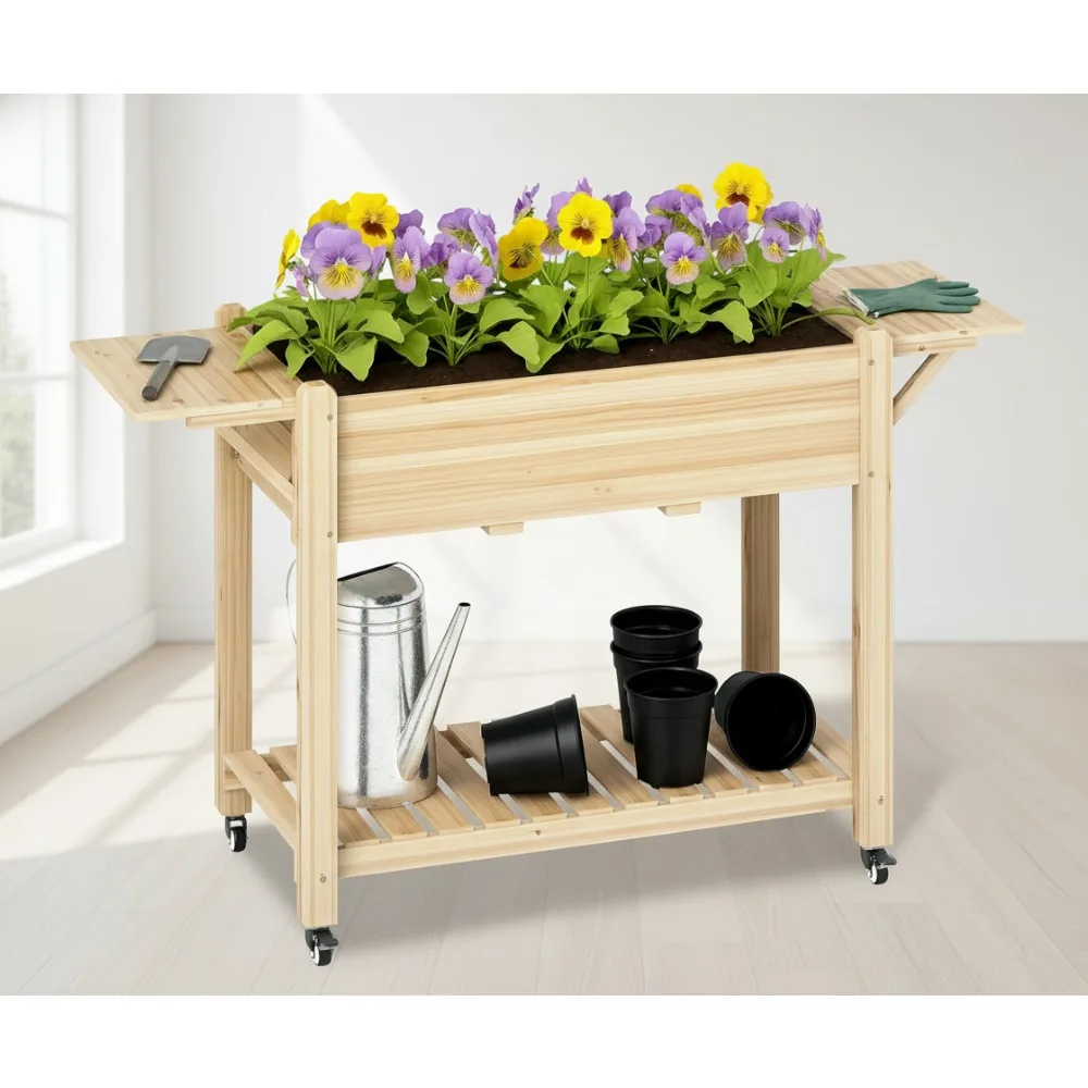 

Elevated Wooden Planter Box with Wheels, Side Tables & Shelf - Mobile Raised Garden Bed for Outdoor Gardening