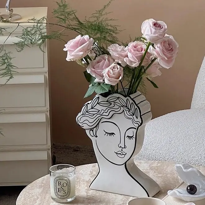 Ceramic Vase Abstract Lines, Retro Style, Feminine 2D Portrait of European Woman Floral Vase Floral Arrangement Flowerpot Vases