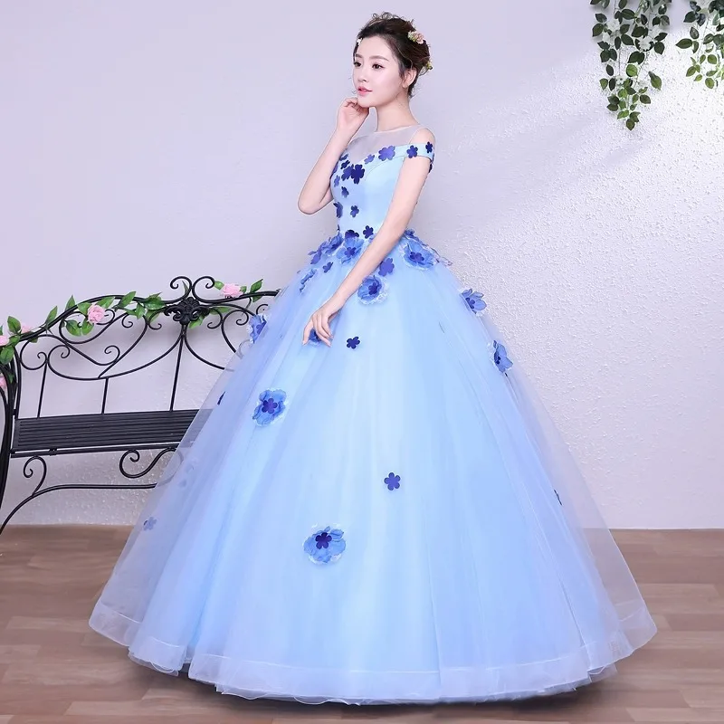 GUXQD Blue Ball Gown Women Evening Dresses Appliques Tulle Prom Evening Birthday Party Gowns Vestido De Noche robes de soirée