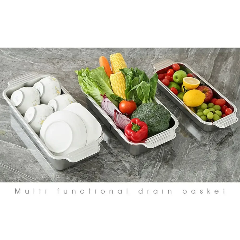 Retractable Vegetables Drain Basket Thickened 304 Stainless Steel Extendable Dish Drainer Drain Hole Bottom Multipurpose