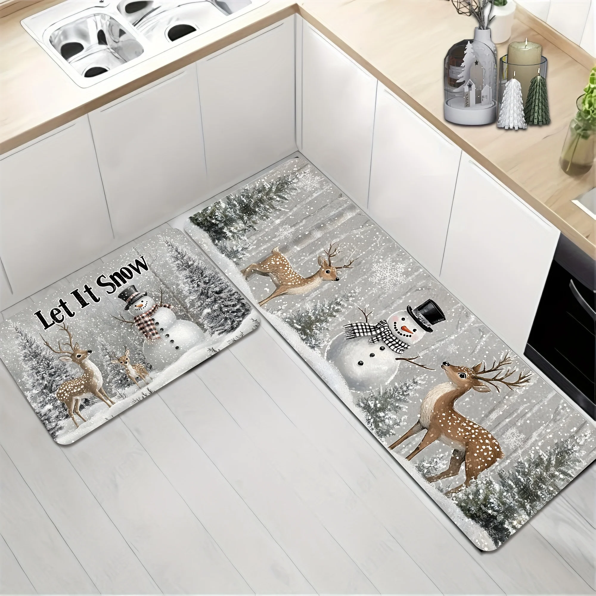 VIKAMA Winter Christmas Kitchen Rug Set Anti Slip Washable Mat Snowman Deer Forest Snowflake Let It Snow Floor Runner view 4