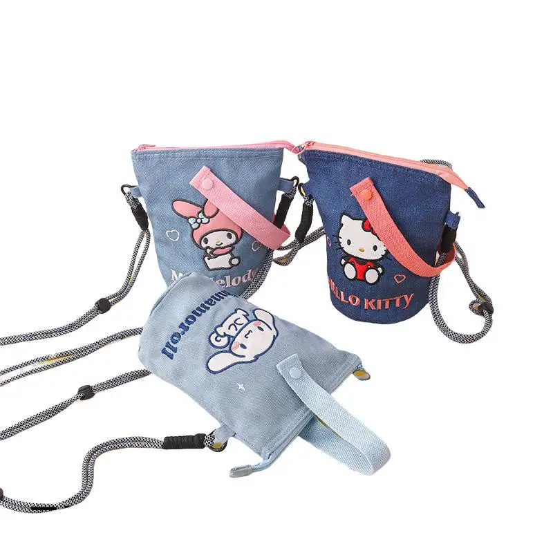 

2025 Hello Kitty New Denim Style Canvas Bag Sanrio Girl Kawaii Cinnamoroll Kuromi Versatile Crossbody Bag Children's Gift