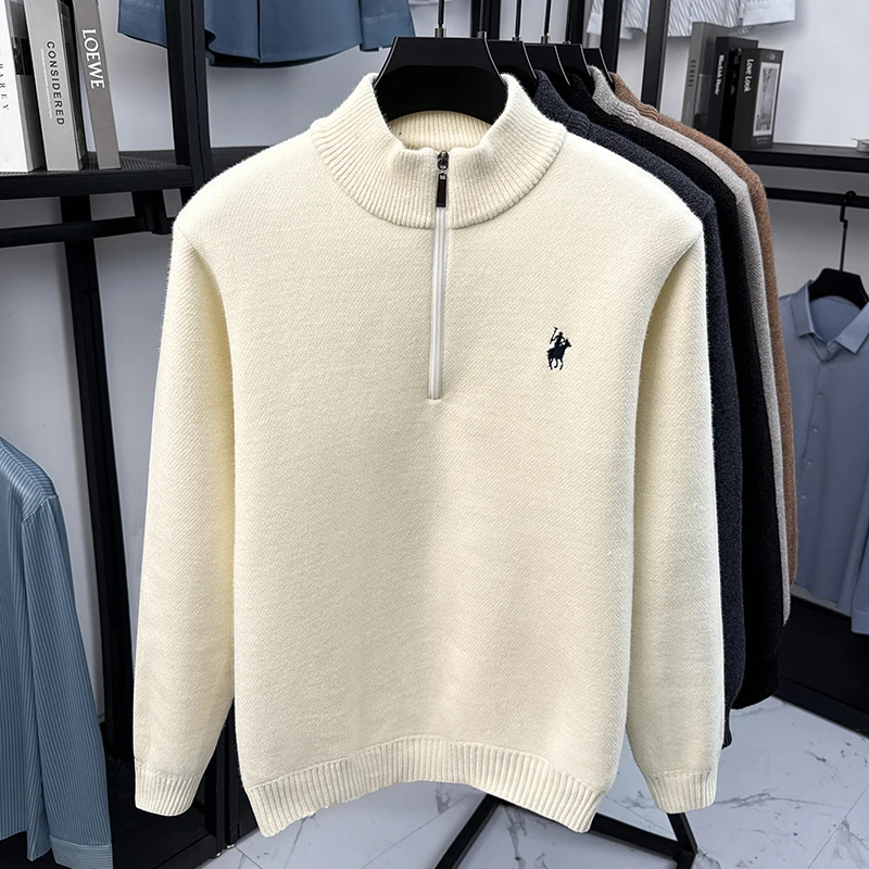 Maglione lavorato a maglia da uomo di marca di fascia alta di lusso Paul pony ricamo peluche addensare autunno inverno caldo pullover con colletto alla coreana con mezza cerniera