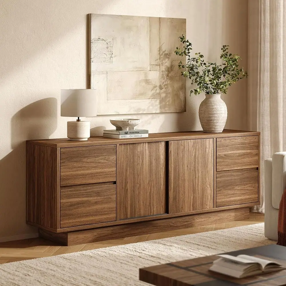 75 TV Stand, Sliding Doors, Adjustable Shelves, Walnut Finish Entertainment Center for Living & Bedroom