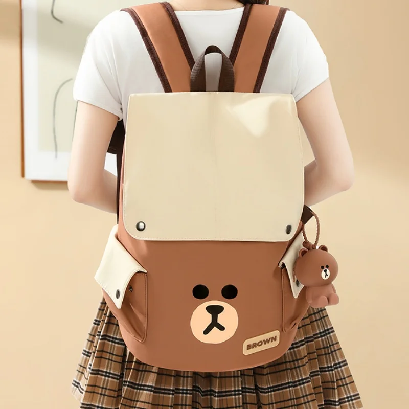 LINE FRIENDS Brown Cute Cartoon Backpack Student Girl Anime Kawaii Travel Casual Canvas Large Capacity Backpack Birthday Gift