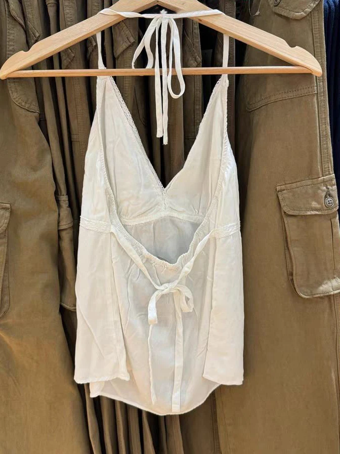 New White Lace Halter Crop Top Women Summer Solid V Neck Sexy Sleeveless Slim Camis Y2k Vintage Sweet Cotton Backless Tank Tops