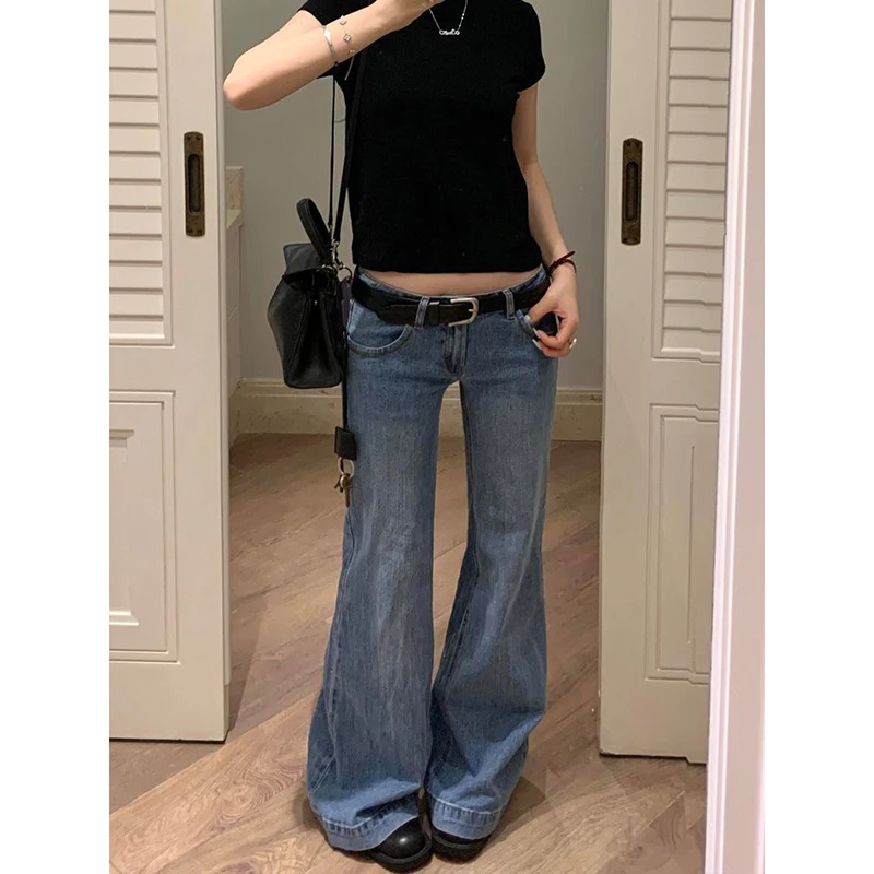 Women Low Rise Bootcut Jeans Kpop Denim Pants Y2k American Retro Bell Bottom Jeans Harajuku 2000s Korean Gyaru Belt Not For Sale