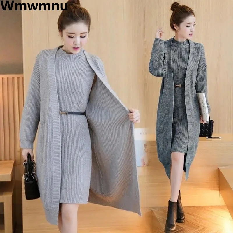 Loose Knitted Dress 2 Piece Set Casual Mid-lenght Cardigan + Sleeveless Belt Vestidos Suits Winter Knitwears Dresses Conjuntos