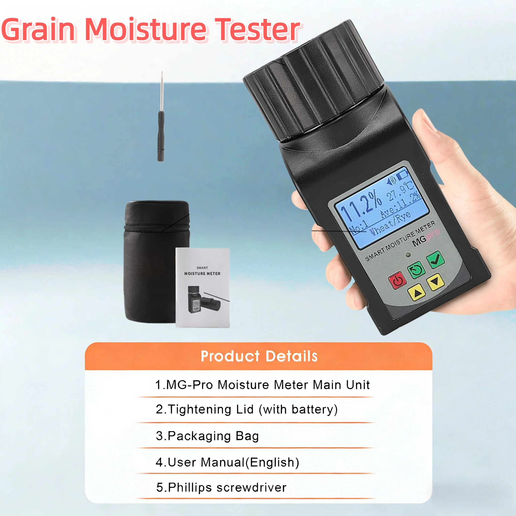 Portable 25-Grain Intelligent Moisture Tester with Digital Display, Voice Broadcast, and Data Hold Function