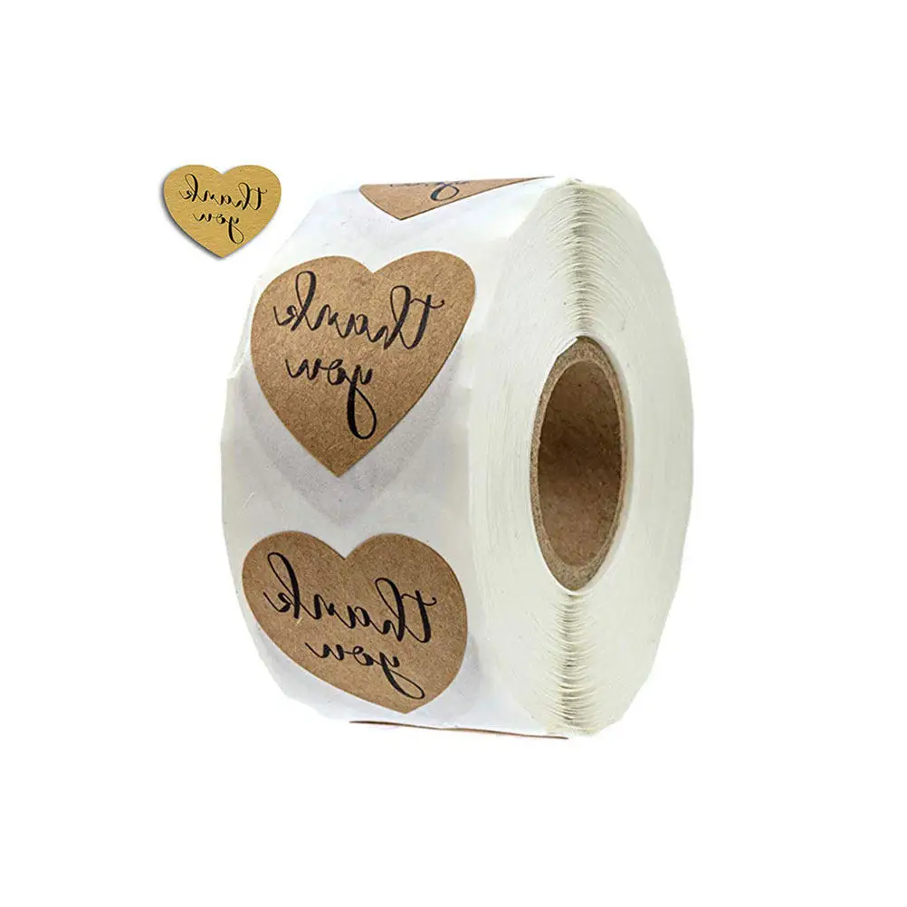 1000Pcs Roll Kraft Paper Thank You Labels Heart Design Sealing Stickers for Treat Bags Party Favors Graduation Wedding Bakery