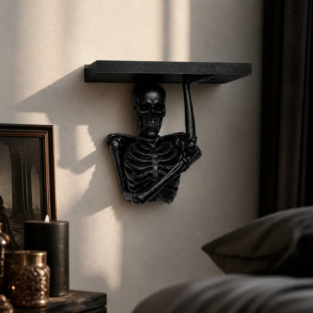 Gothic Skeleton Bust Wall Shelf, Black Resin Floating Display Rack for Halloween Dark Academia Spooky Home Wall Decor